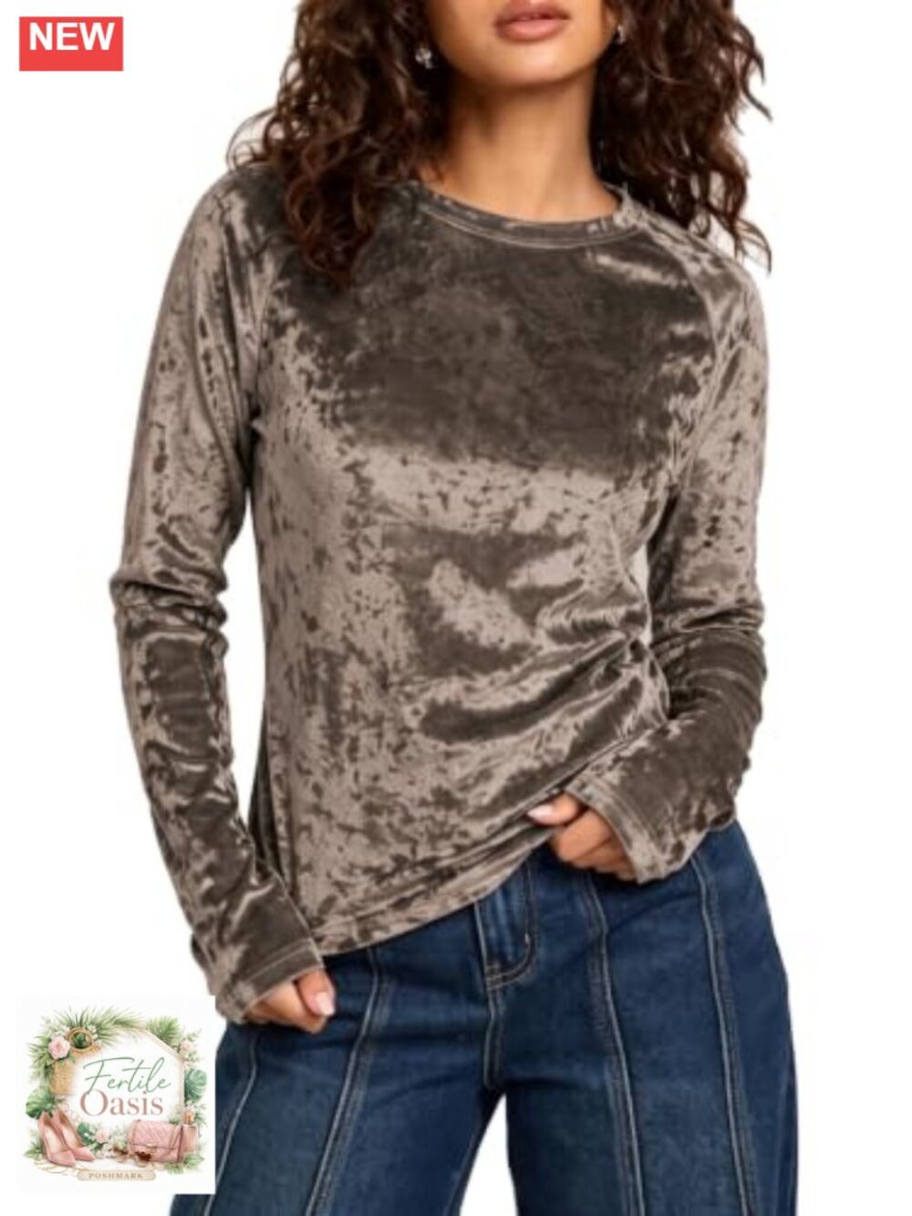 Women's Velvet Long Sleeve Crewneck Shirt Casual Retro Top